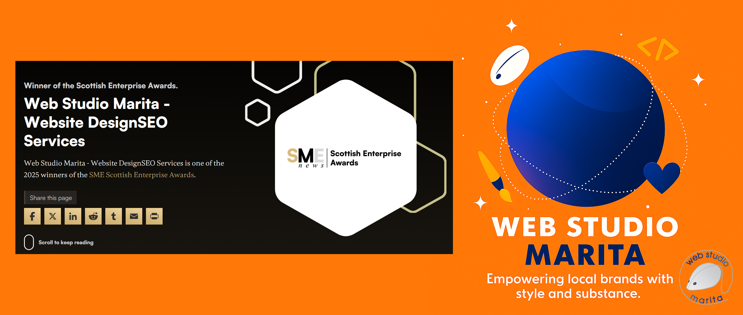 Web Studio Marita has been recognised by SME News for excellence in Website Design & SEO Services, receiving the title of Best Web Design & SEO Services 2025 – Paisley